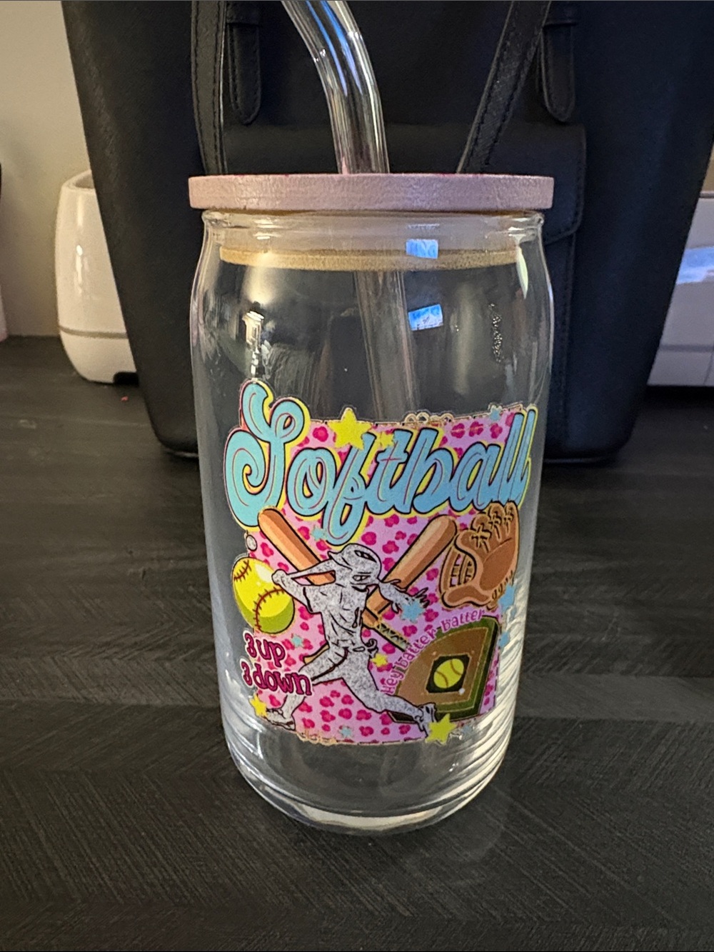Softball Glass Tumbler with Straw - Pink Lid